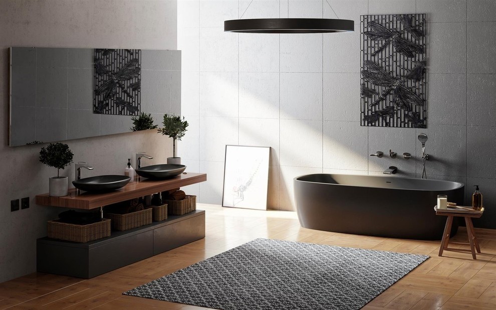 Ispirazione per una grande stanza da bagno padronale scandinava con vasca freestanding e lavabo a bacinella