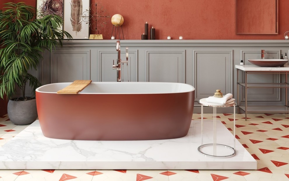 Idee per una stanza da bagno padronale scandinava di medie dimensioni con vasca freestanding e lavabo a bacinella