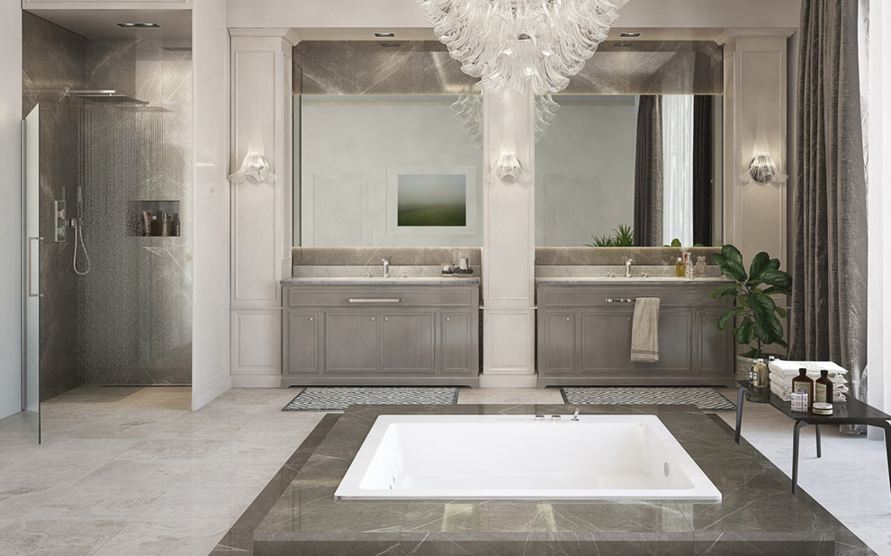 Immagine di una grande stanza da bagno padronale classica con vasca da incasso, lavabo da incasso, consolle stile comò e doccia ad angolo
