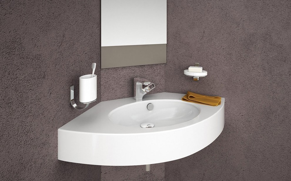 Modelo de cuarto de baño principal minimalista de tamaño medio con lavabo suspendido