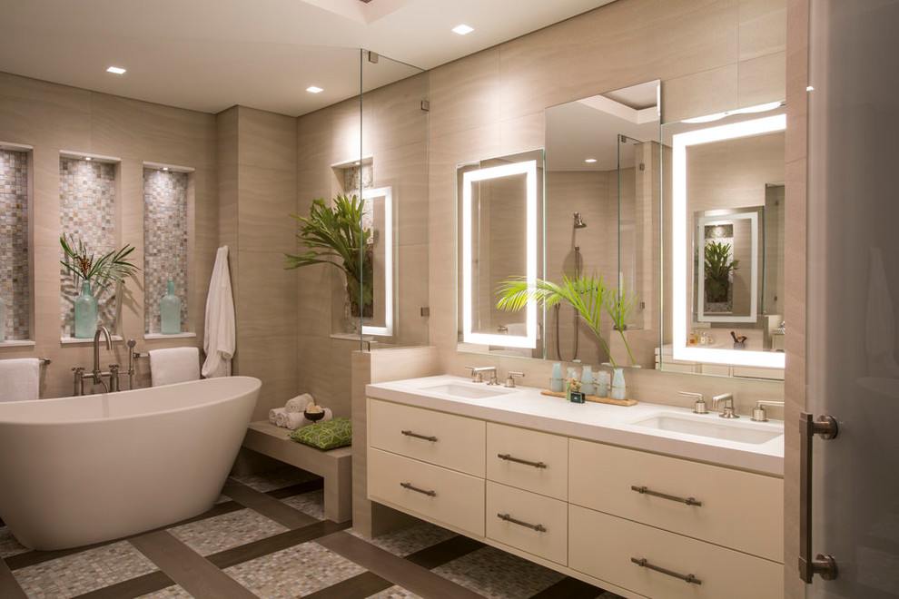 Photo of a medium sized modern ensuite bathroom in Miami with a freestanding bath.