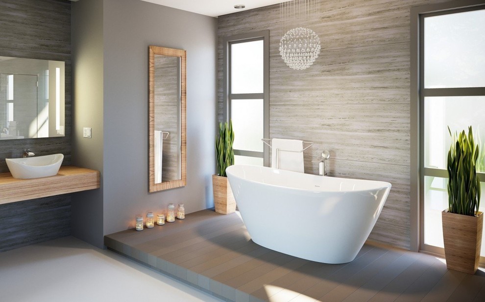Exempel på ett litet minimalistiskt en-suite badrum, med ett fristående badkar