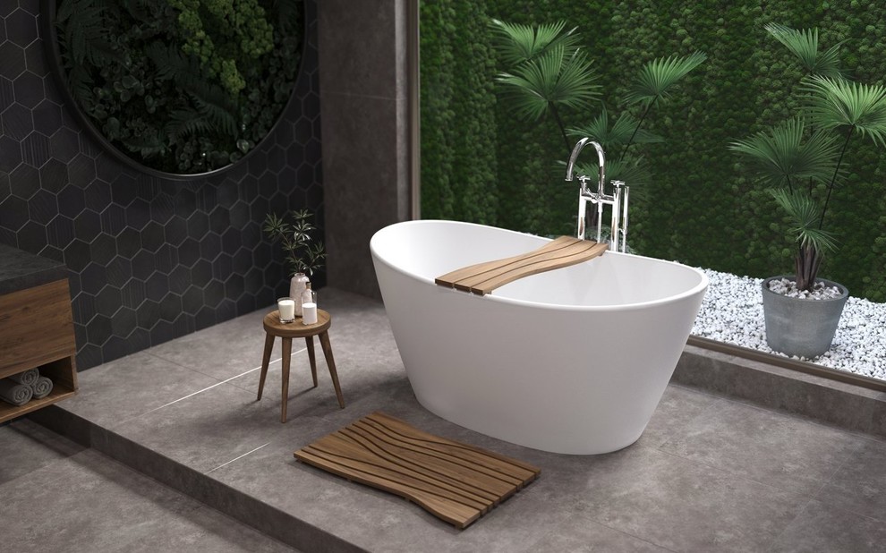 Modelo de cuarto de baño principal escandinavo de tamaño medio con bañera exenta