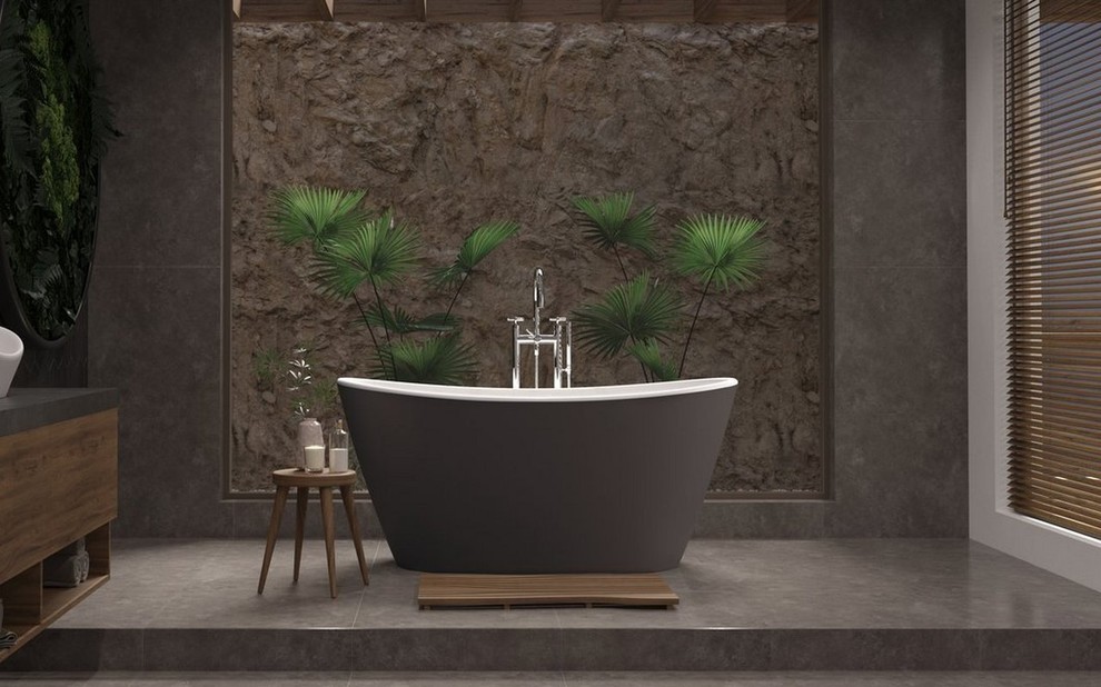 Diseño de cuarto de baño principal escandinavo pequeño con bañera exenta
