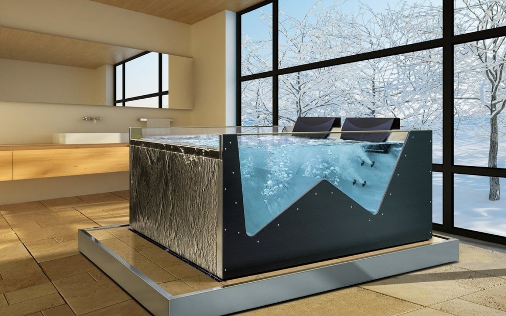 Стильный дизайн: большая ванная комната в стиле модернизм с отдельно стоящей ванной - последний тренд
