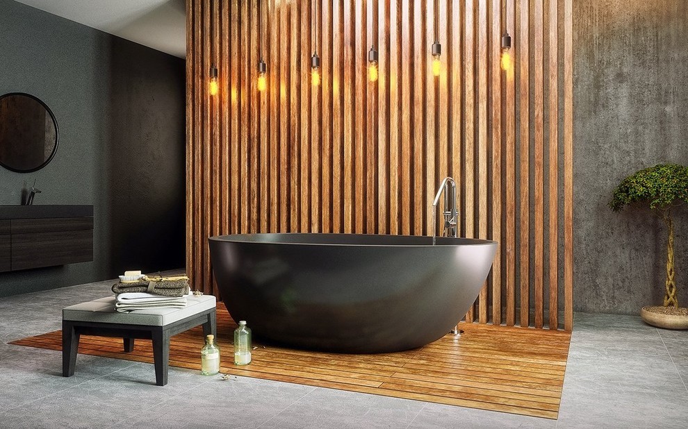 Großes Modernes Badezimmer En Suite mit freistehender Badewanne in Miami