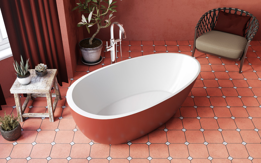 Example of a large tuscan master red floor freestanding bathtub design in Seattle with red walls