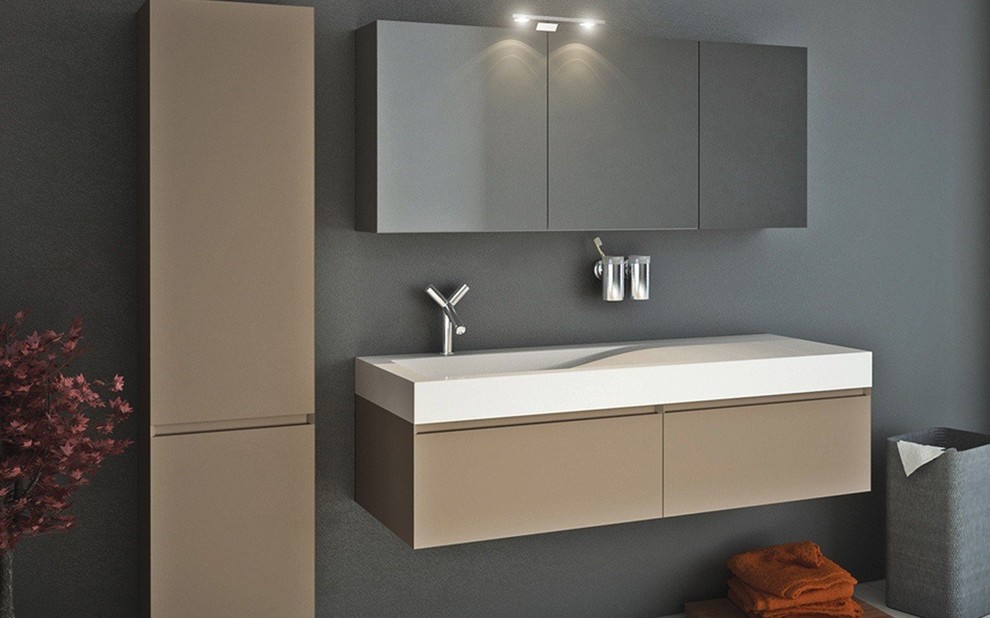 Cette image montre une salle de bain design avec un lavabo suspendu.
