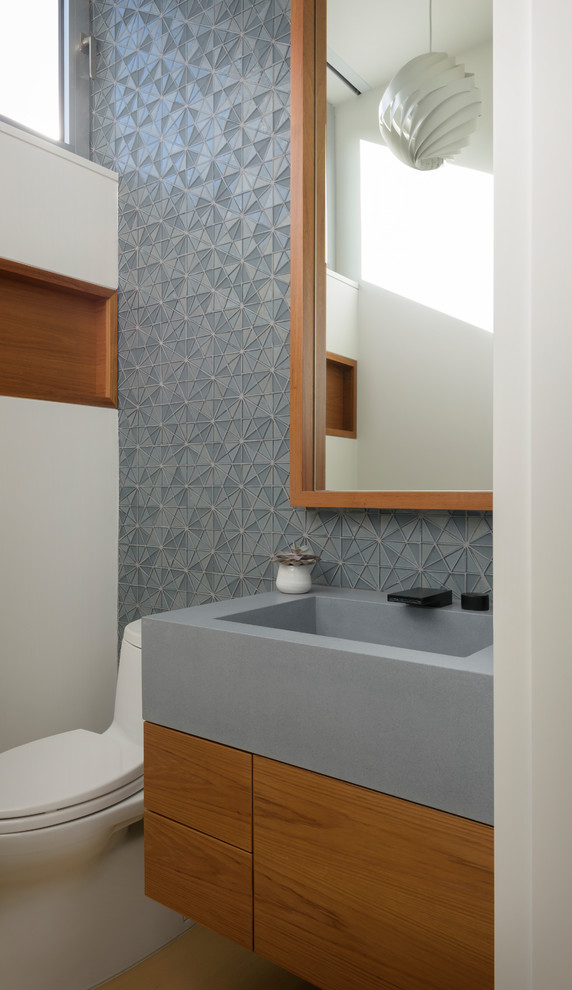Источник вдохновения для домашнего уюта: главная ванная комната в стиле модернизм с фасадами с утопленной филенкой, фасадами цвета дерева среднего тона, унитазом-моноблоком, серой плиткой, плиткой мозаикой, синими стенами, паркетным полом среднего тона, врезной раковиной, столешницей из бетона, коричневым полом и серой столешницей