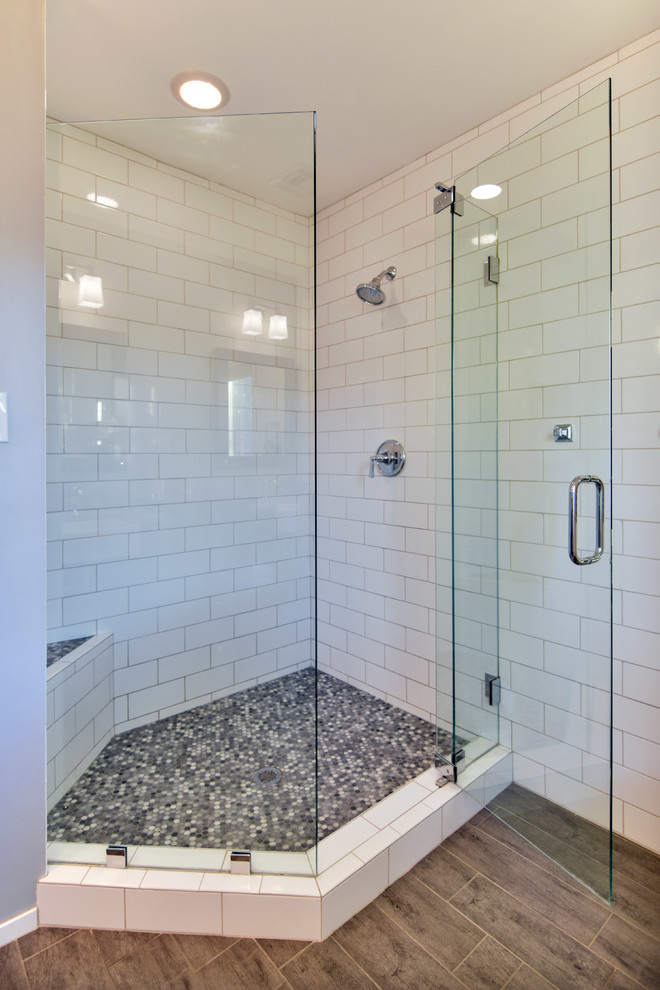 Inspiration for a mid-sized transitional 3/4 white tile and subway tile corner shower remodel in Phoenix with open cabinets, brown cabinets, beige walls, quartzite countertops, a hinged shower door and white countertops