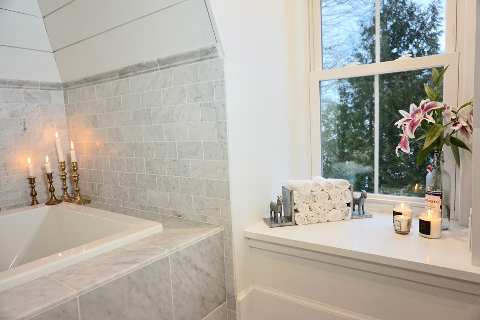 Example of a mid-sized danish master white tile and marble tile marble floor and gray floor bathroom design in Charleston with shaker cabinets, gray cabinets, a one-piece toilet, white walls, an undermount sink and marble countertops