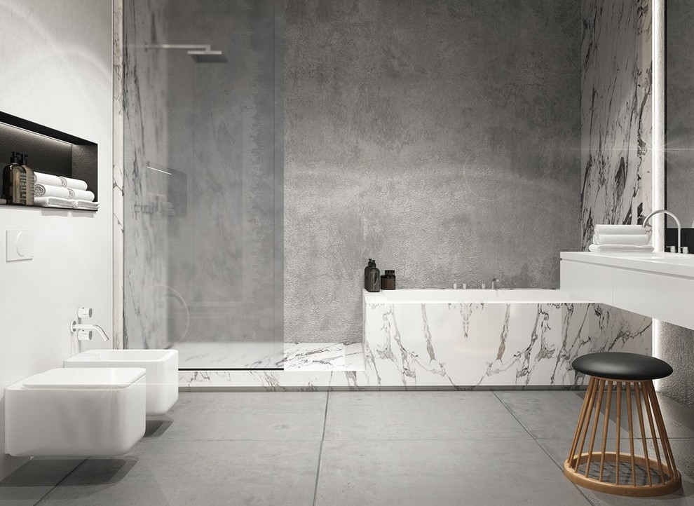 На фото: главная ванная комната в стиле лофт с белыми фасадами, угловым душем, инсталляцией, монолитной раковиной и открытым душем с