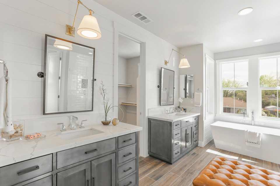 Example of a mid-sized farmhouse master gray tile and ceramic tile porcelain tile and beige floor bathroom design in Sacramento with furniture-like cabinets, gray cabinets, a one-piece toilet, gray walls, an undermount sink, quartz countertops, a hinged shower door and white countertops