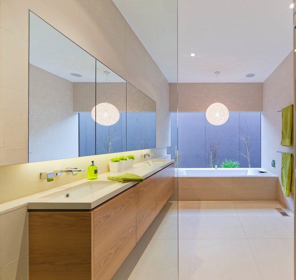 Imagen de cuarto de baño moderno con lavabo bajoencimera, armarios con paneles lisos y puertas de armario de madera oscura