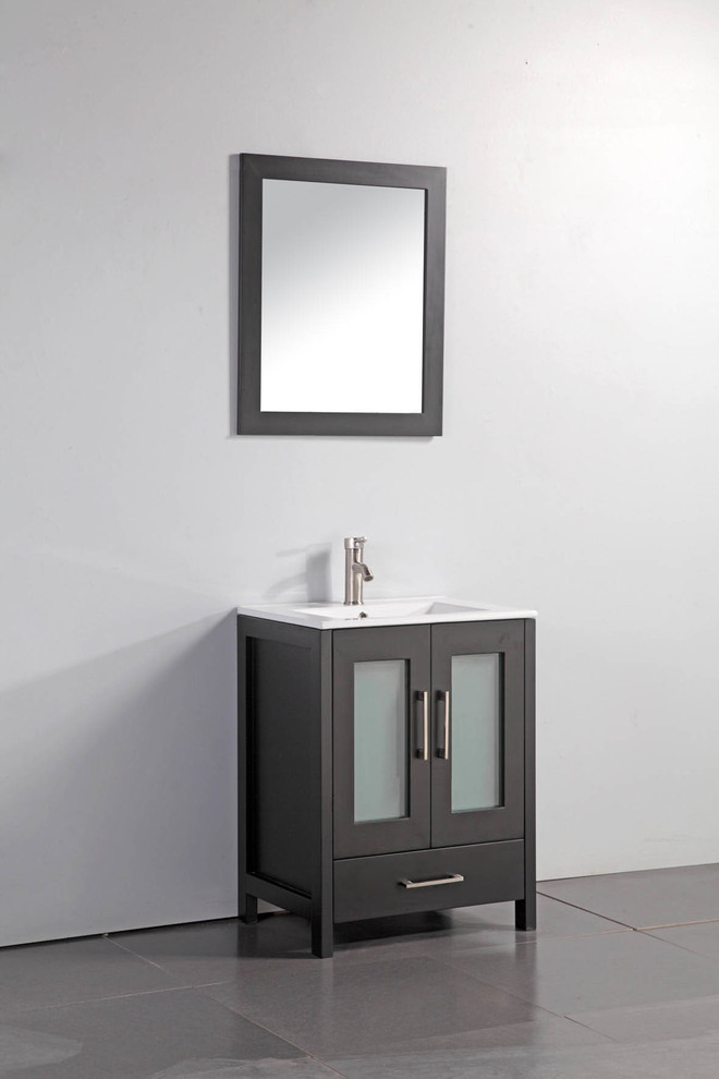 Bathroom - small modern bathroom idea with furniture-like cabinets and black cabinets