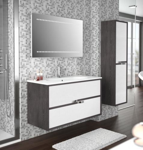 Foto di una stanza da bagno padronale design con ante lisce, ante bianche, piastrelle grigie, pareti grigie e parquet scuro