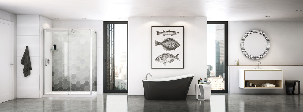 На фото: главная ванная комната в современном стиле с отдельно стоящей ванной, угловым душем, белыми стенами и серой плиткой