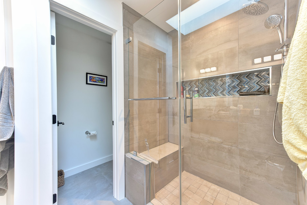 Mid-sized minimalist master corner shower photo with flat-panel cabinets, brown cabinets, a one-piece toilet, white walls, an undermount sink, quartz countertops and a hinged shower door