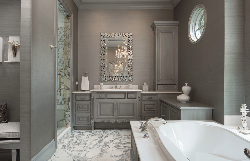 Bathroom - traditional bathroom idea in Chicago with furniture-like cabinets, gray cabinets and gray walls