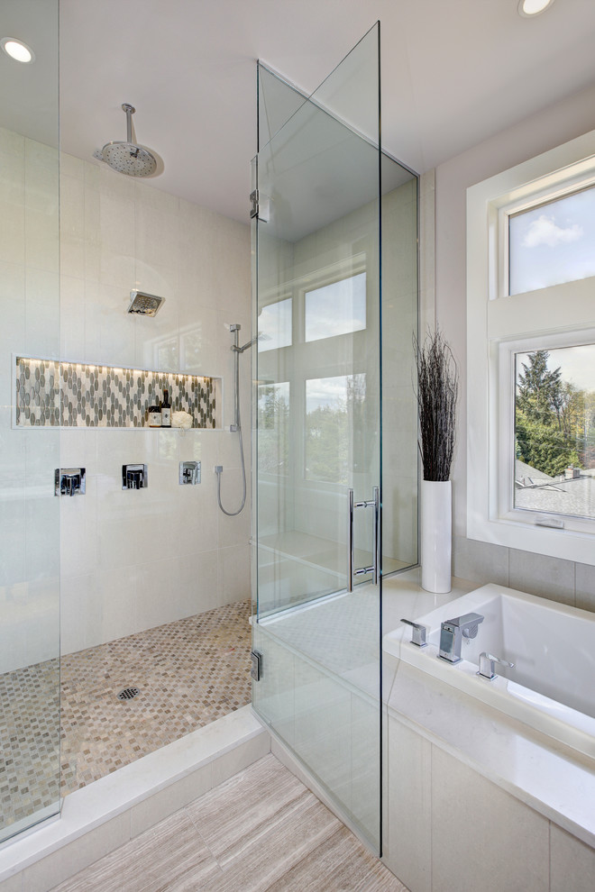 Inspiration for a large modern ensuite bathroom in DC Metro with shaker cabinets, brown cabinets, a freestanding bath, a built-in shower, a two-piece toilet, white tiles, ceramic tiles, grey walls, porcelain flooring, a submerged sink, engineered stone worktops, white floors, a hinged door and white worktops.
