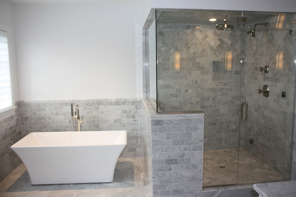 Bathroom - large transitional master gray tile and stone tile marble floor bathroom idea in Chicago with white walls
