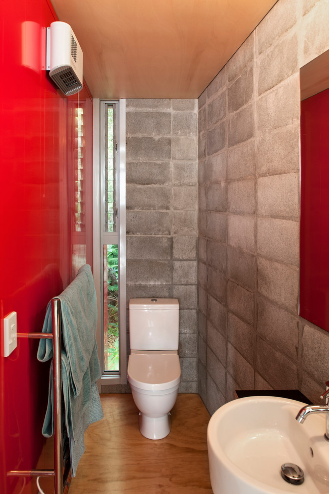 Immagine di una piccola stanza da bagno contemporanea con pareti rosse e pavimento in compensato