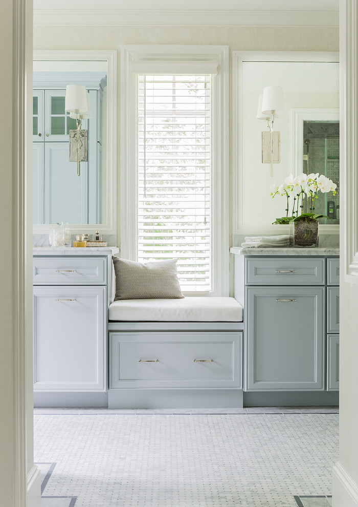 Inspiration for a mid-sized timeless master white tile and stone tile marble floor walk-in shower remodel in Boston with an undermount sink, recessed-panel cabinets, gray cabinets, marble countertops, a one-piece toilet and gray walls