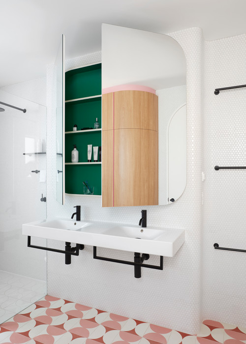 Scandinavian Pop: Bathroom with Pink Patterned Floor Tiles