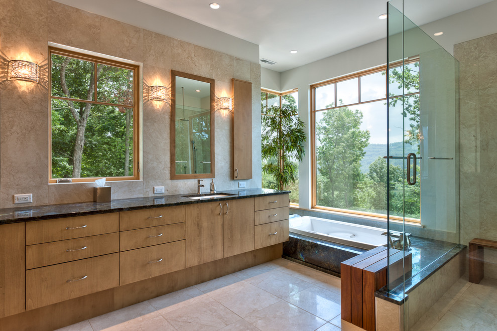 This is an example of a contemporary bathroom in Other with a corner bath.