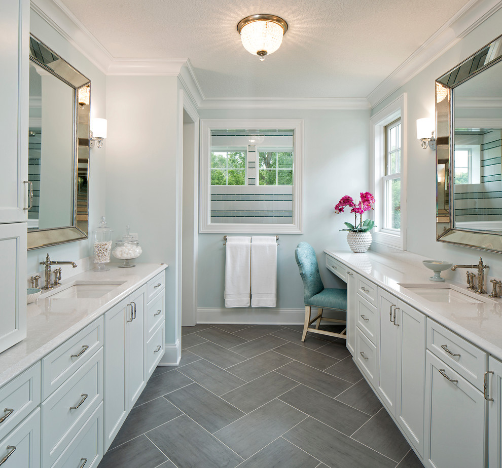 Design ideas for a beach style ensuite bathroom in Minneapolis with flat-panel cabinets, white cabinets, multi-coloured tiles, ceramic tiles, blue walls, ceramic flooring, a submerged sink and engineered stone worktops.