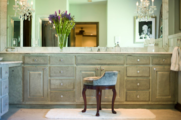 Inspiration for a transitional master bathroom remodel in Dallas with an undermount sink, recessed-panel cabinets, distressed cabinets and green walls