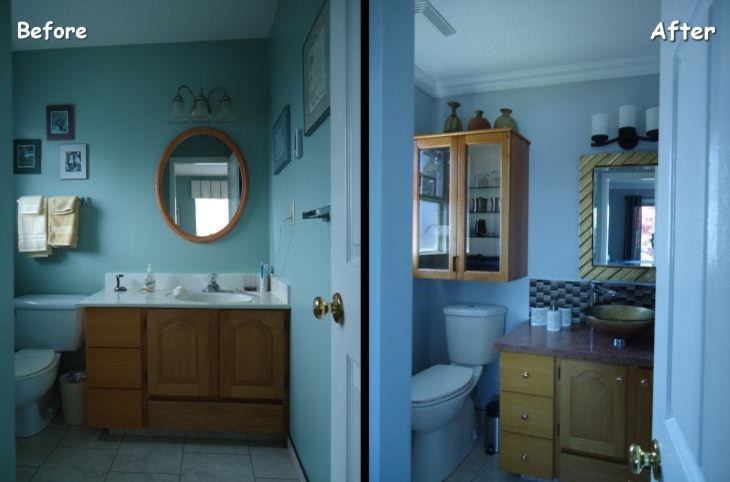 バンクーバーにある小さなコンテンポラリースタイルのおしゃれなマスターバスルーム (レイズドパネル扉のキャビネット、中間色木目調キャビネット、アルコーブ型シャワー、一体型トイレ	、マルチカラーのタイル、ガラス板タイル、青い壁、セラミックタイルの床、ベッセル式洗面器、ラミネートカウンター) の写真