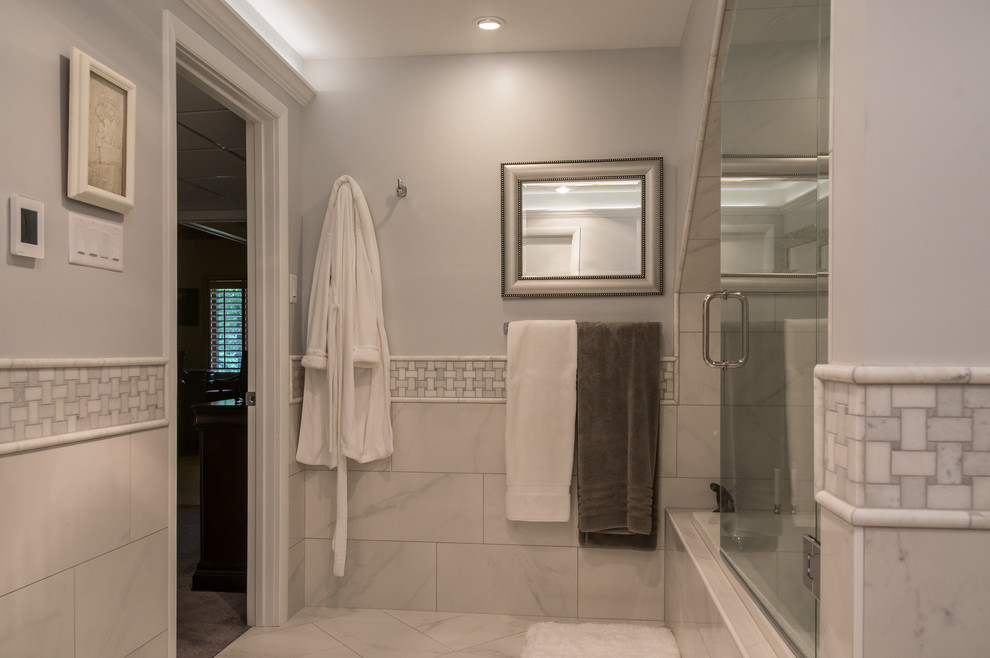 Photo of a medium sized classic ensuite bathroom in Other with a built-in bath, a shower/bath combination, white tiles, ceramic tiles, granite worktops, a hinged door, white worktops, beige walls, ceramic flooring and white floors.