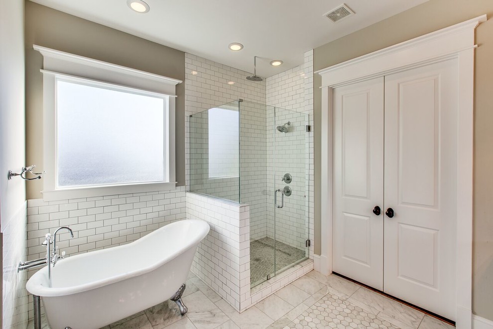 Example of a large ornate master white tile and subway tile marble floor bathroom design in Houston with recessed-panel cabinets, white cabinets, an undermount sink and granite countertops