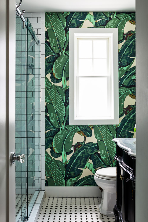 Tropical Paradise: Very Small Bathroom Ideas with Tropical Wallpaper, a Black Vanity, and a Marble Countertop