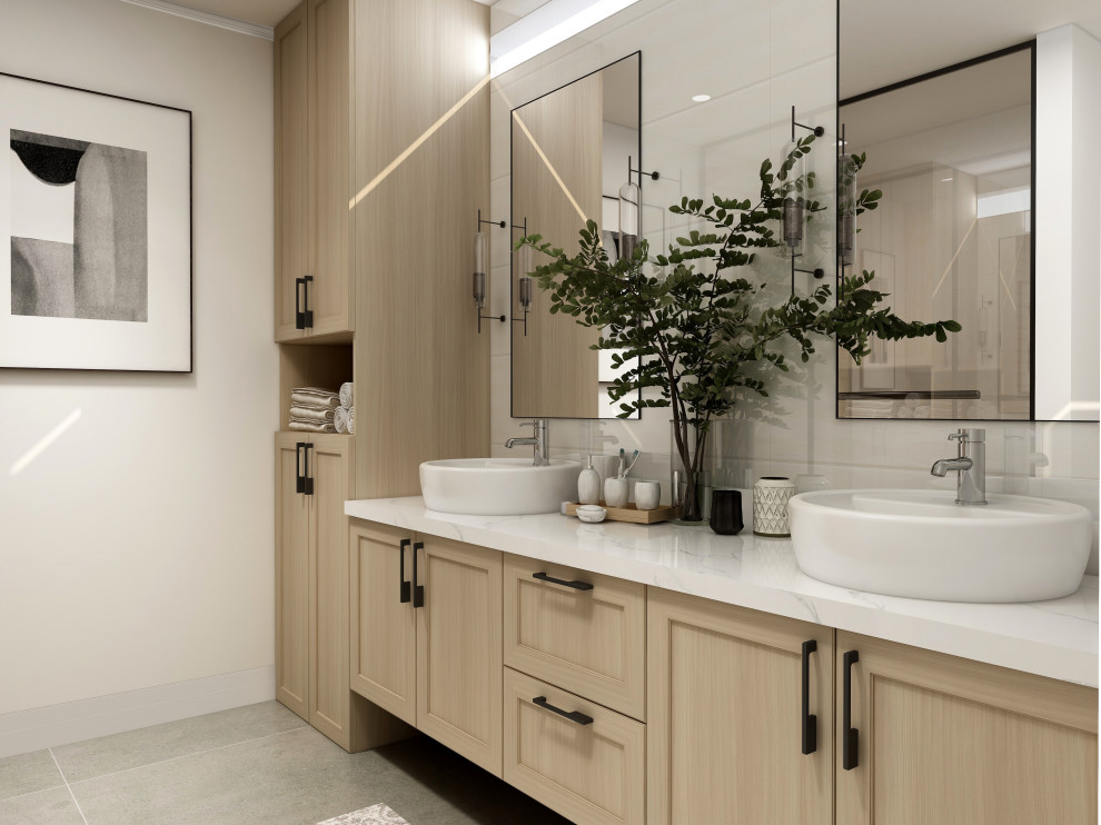 Modelo de cuarto de baño principal y doble asiático de tamaño medio con paredes blancas, lavabo sobreencimera, suelo gris y encimeras blancas