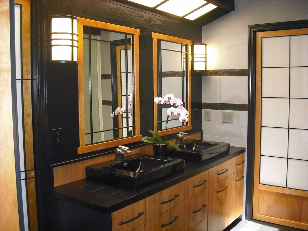 Asian style bathroom with bamboo counter top and Asian