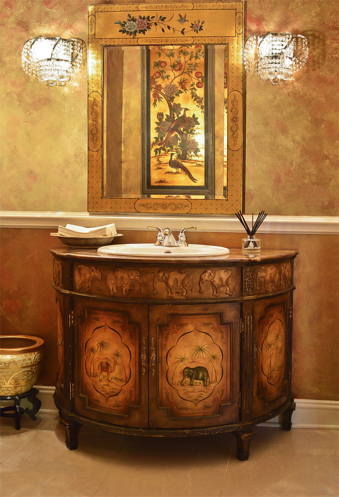 Bathroom - mid-sized asian master marble floor bathroom idea in Chicago with an integrated sink, furniture-like cabinets, wood countertops, beige walls and dark wood cabinets