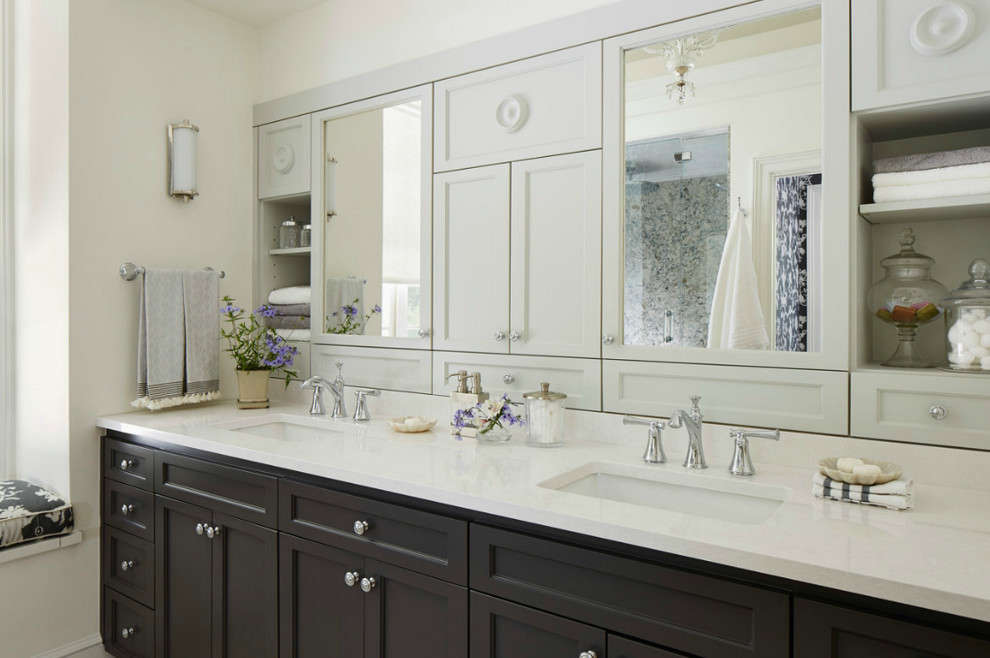 ミネアポリスにあるトラディショナルスタイルのおしゃれな浴室 (アンダーカウンター洗面器、落し込みパネル扉のキャビネット、黒いキャビネット、白い壁) の写真