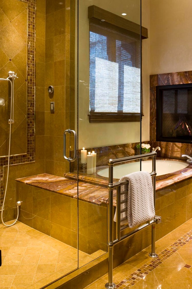 Design ideas for a mid-sized country master bathroom in Denver with an undermount sink, onyx benchtops, an undermount tub, a corner shower, multi-coloured tile, stone tile, beige walls, travertine floors, beige floor and a hinged shower door.