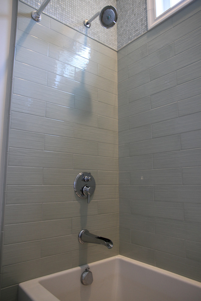 Example of a small transitional kids' green tile and porcelain tile green floor bathroom design in San Francisco with white walls