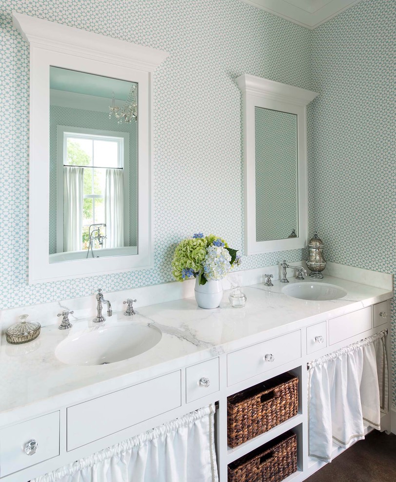 Cottage dark wood floor bathroom photo in Dallas with an undermount sink, flat-panel cabinets, white cabinets and blue walls