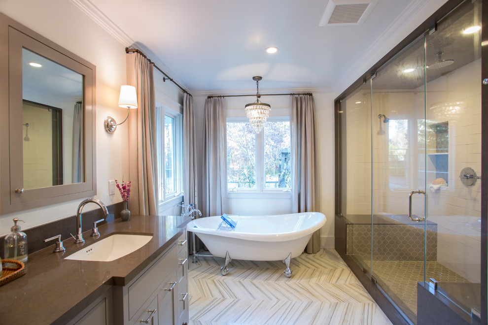 Inspiration for a large transitional master white tile and ceramic tile marble floor bathroom remodel in San Francisco with an undermount sink, shaker cabinets, gray cabinets, quartz countertops, a one-piece toilet and white walls