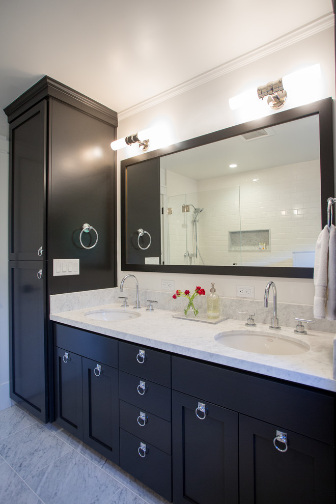 Inspiration for a mid-sized transitional kids' ceramic tile and white tile bathroom remodel in San Francisco with shaker cabinets, quartz countertops, an undermount sink, black cabinets and a one-piece toilet