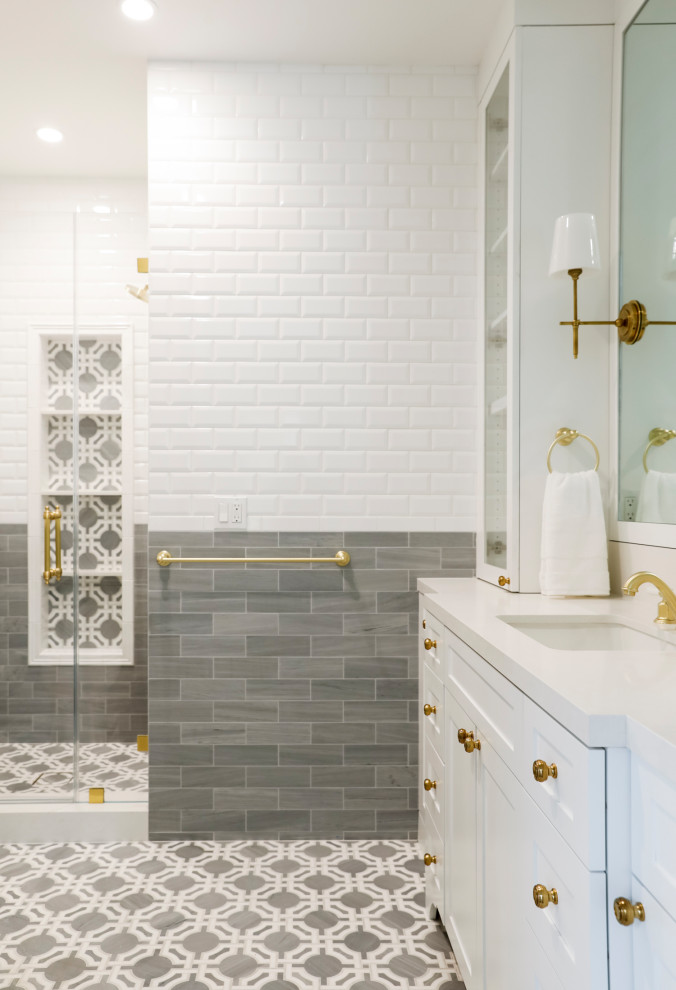 This is an example of an expansive classic bathroom in San Francisco with white cabinets, white tiles, a built-in sink, marble worktops, a hinged door, white worktops and a built in vanity unit.