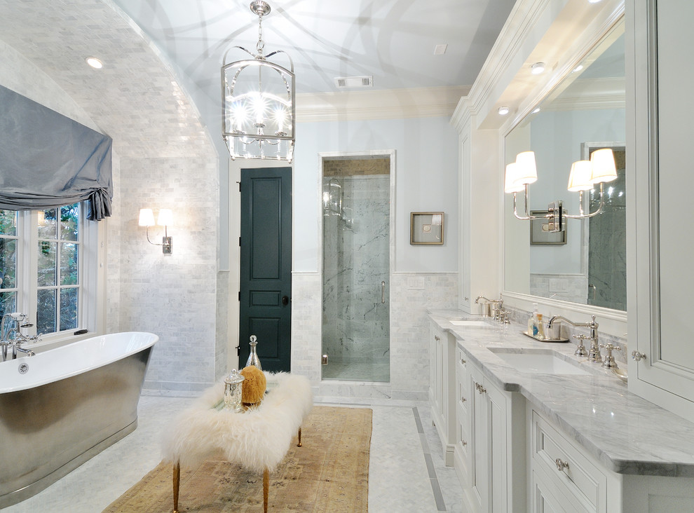 Design ideas for a classic ensuite bathroom in Atlanta with white cabinets and a freestanding bath.