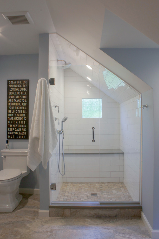 Medium sized traditional family bathroom in New York with flat-panel cabinets, brown cabinets, an alcove shower, a one-piece toilet, white tiles, ceramic tiles, blue walls, porcelain flooring, a submerged sink, engineered stone worktops, multi-coloured floors, a hinged door and grey worktops.