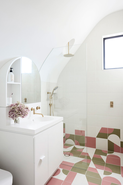 Attic Bathrooms with Patterned Floors and White Clean Looks