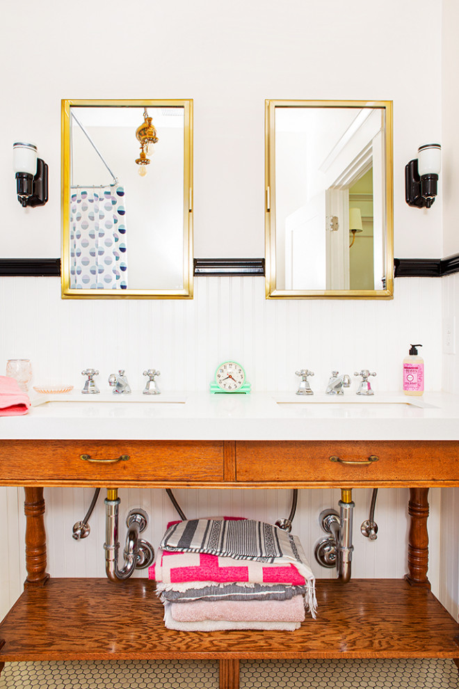Example of a mid-sized arts and crafts kids' white tile and subway tile ceramic tile and white floor bathroom design in Los Angeles with open cabinets, medium tone wood cabinets, a two-piece toilet, white walls, an undermount sink, quartz countertops and white countertops