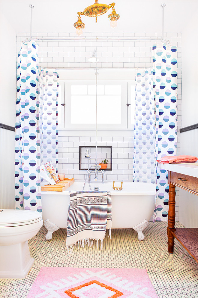 Example of a mid-sized arts and crafts kids' white tile and subway tile ceramic tile and white floor bathroom design in Los Angeles with furniture-like cabinets, dark wood cabinets, a two-piece toilet, white walls, an undermount sink, quartz countertops and white countertops
